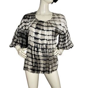 Poleci Silk Blouse Women’s Size 4 Pleat Balloon Sleeve Lined Neutral Black Gray